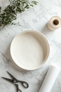 This image shows a white round baking dish being greased and prepared as the base for a vegan banana cream pie, ensuring the crust does not stick.