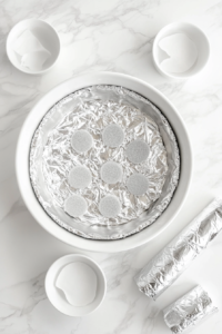 This image shows fresh pie dough being pressed into a round pan, creating the base for the coconut cream pie before it is baked to golden perfection.