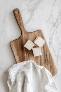 This image shows block of tofu wrapped in a clean towel and pressed under a heavy weight, illustrating the process of freezing and pressing for better texture.