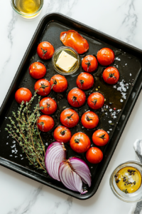 This image shows the preparation of vegetables like cherry tomatoes and red onion for the Keto Sheet Pan Shrimp recipe.