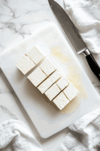 This image shows tofu being pressed to remove excess water and sliced into even strips to prepare vegan chicken tenders.