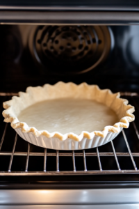 This image shows a baking dish with the prepared crust placed inside an oven, where it is baked until firm and golden.