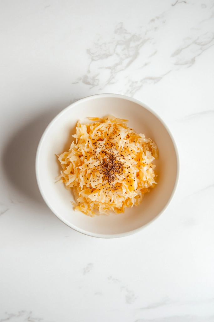 This image shows a unique rebellion sauerkraut dish, topped with sesame seeds for a crunchy texture.