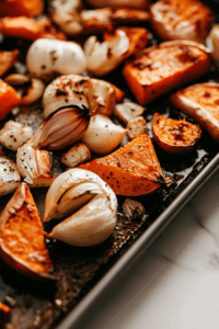 this image shows Sweet potatoes, shallots, and garlic cloves roasting on a baking sheet in the oven until golden and tender for the fettuccine sauce.