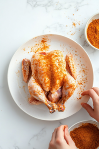 this image shows whole chicken being thoroughly coated with a spice mixture, ensuring it is evenly seasoned for flavorful and aromatic cooking.