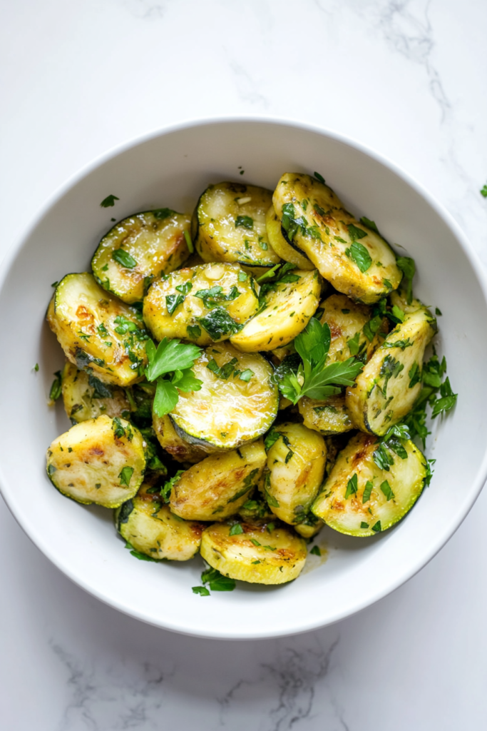 this image shows Deliciously sautéed zucchini, lightly cooked with sliced scallions and a sprinkle of cheese, offering a savory and comforting dish that's perfect as a side or light meal.