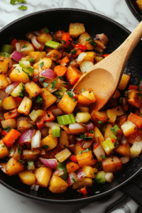 This image shows diced carrots, onions, and potatoes being sautéed in a skillet, releasing their natural sweetness and forming the base of the vegetable and pinto bean soup.