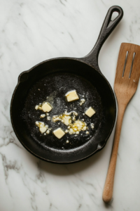 This image shows minced garlic being sautéed in a hot pan, with golden honey being drizzled into the mixture to create a sweet and savory sauce for the shrimp.