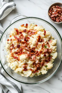 This image shows crispy, crumbled bacon pieces being evenly scattered over the cauliflower layer, adding a smoky and savory flavor to the salad.