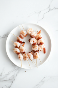This image shows bacon-wrapped shrimp being secured with toothpicks to keep the bacon in place during air frying, ensuring an evenly cooked and crispy result.