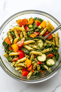 this image shows A glass bowl of chilled vegan pesto pasta salad, garnished with fresh arugula and ready to be served as a refreshing and wholesome meal.