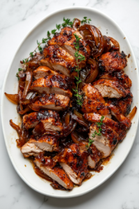 this image shows beautifully cooked crockpot whole chicken is served on a plate with caramelized onions, showcasing its rich flavor and tender texture.
