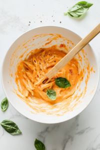 this image shows A beautifully plated Roasted Red Pepper Cashew Cream Pasta, garnished with fresh basil leaves and a sprinkle of chili flakes, ready to be served as a delightful meal.