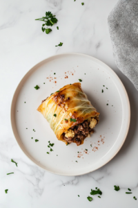 This image shows a serving of stuffed cabbage rolls on a plate, topped with extra marinara sauce and garnished with fresh parsley.
