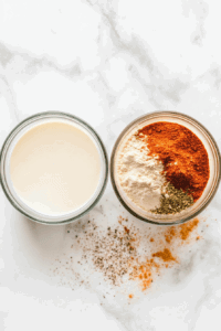 This image shows A breading station with separate bowls of seasoned flour, vegan buttermilk, and cornflakes, ready for coating tofu pieces.