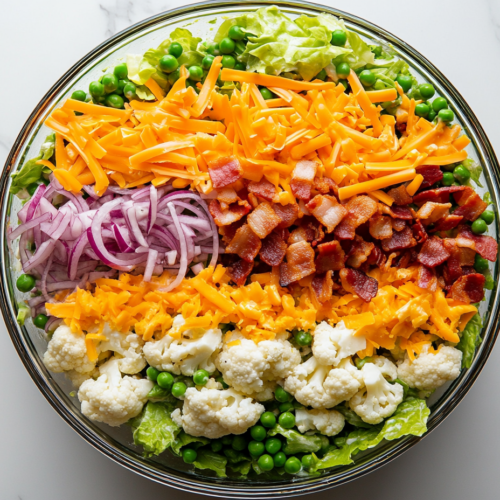 This image shows a bowl full of vibrant vegetables, including red onion, lettuce, peas, cauliflower, and more, arranged together to create an easy seven-layer salad, perfect as a flavorful side for hearty meals or parties.