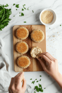 A blender filled with ingredients like cashews, lemon juice, and garlic being blended into creamy vegan Caesar dressing.