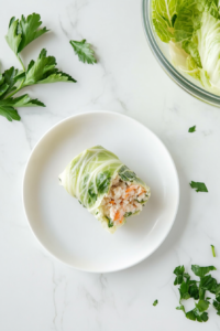 This image shows small portions of the filling mixture being shaped into logs to fit perfectly within the cabbage leaves.