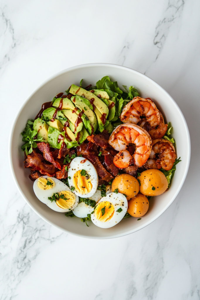 This image shows a shrimp Cobb salad in a white bowl with shrimp, cherry tomatoes, cucumber chunks, halved hard-boiled eggs, diced avocado, crumbled bacon, and blue cheese arranged in neat rows, drizzled with Dijon dressing.