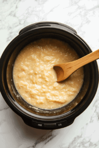 This image shows the pureed soup simmering gently in the slow cooker, with added coconut milk and spices blending into a smooth and aromatic consistency.