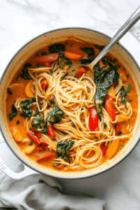 this image shows Freshly squeezed lemon juice being stirred into the pasta primavera, adding a bright and tangy flavor to the creamy vegan dish.