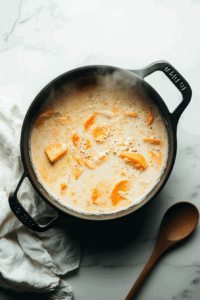 This image shows the soup ingredients, including sweet potatoes and coconut cream, simmering gently in a pot to soften and meld the flavors.