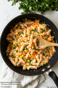 this image shows The pasta, chickpeas, peas, corn, and sauce all simmering together, combining to create a hearty and satisfying vegan chickpea pot pie pasta dish.