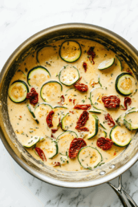 this image shows Zucchini slices and sun-dried tomatoes simmering gently in a rich coconut milk sauce until tender for Vegan Pasta Primavera.