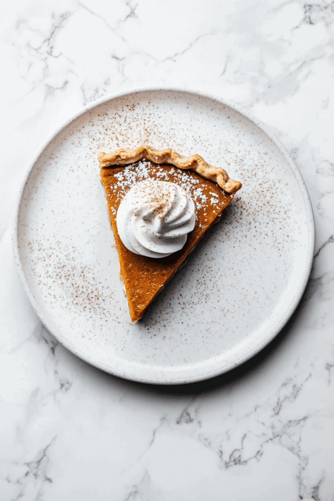 this image shows decadent slice of vegan pumpkin cream pie served on a white plate, topped with a dollop of whipped cream and a light dusting of powdered brown sugar.