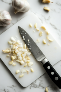 This image shows a sharp knife slicing fresh garlic cloves on a cutting board, ready to infuse flavor into the pork.