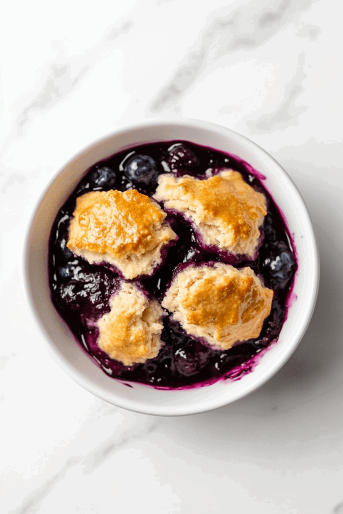 This image showcases a slow-cooked blueberry cobbler, topped with golden, toasted pieces of bread, served in a pristine white bowl, perfect for a comforting dessert.