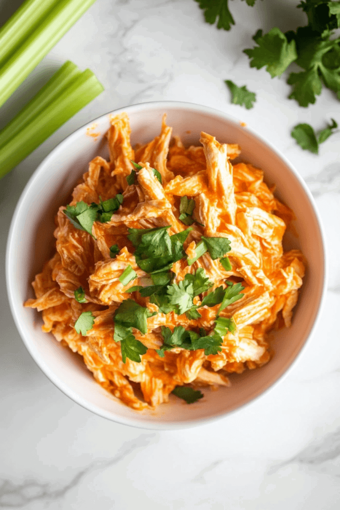 this image shows white bowl filled with spicy and tangy slow-cooker buffalo chicken, garnished with freshly chopped cilantro for a zesty flavor.