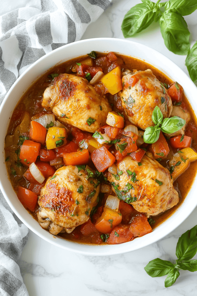 this image shows vibrant and hearty slow-cooker chicken cacciatore, topped with colorful chopped red and yellow bell peppers and a fresh basil leaf.