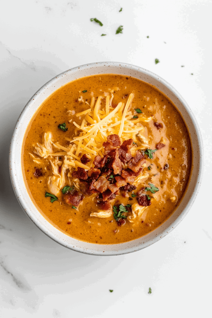 this image shows comforting bowl of slow cooker crack chicken soup, topped with shredded cheddar cheese and crispy fried chicken bits for extra crunch and flavor.