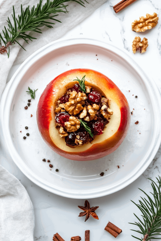 This image showcases a slow-cooked cranberry-walnut stuffed apple, garnished with fresh thyme, a perfect blend of sweet and savory.