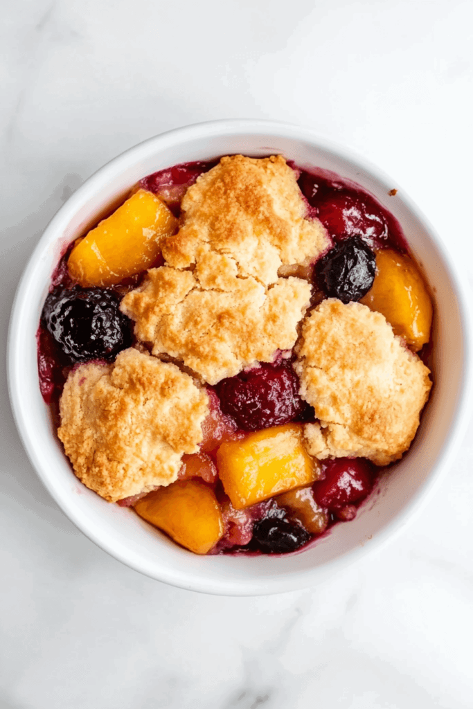 This image showcases a vibrant slow-cooked fruit cobbler, filled with juicy blackberries and raspberries, and topped with golden bread pieces.