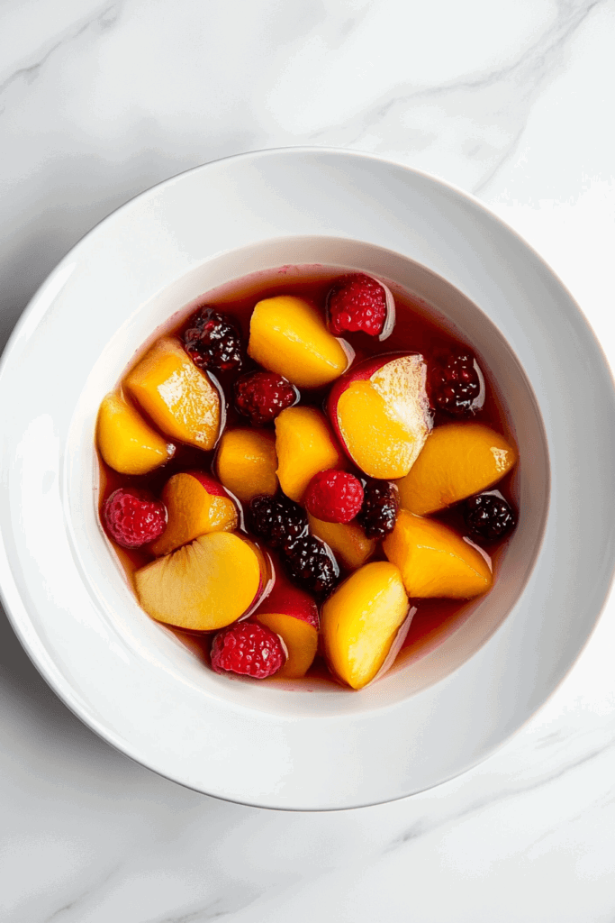 This image shows a vibrant slow-cooked fruit compote made with apple, mango, and raspberry pieces, served warm in a white bowl.