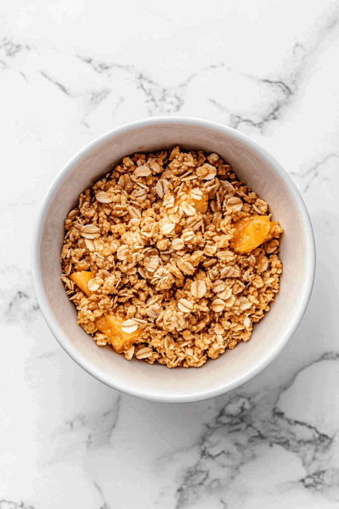 This image presents a slow-cooked peach crisp, featuring tender peach slices and a crunchy granola topping, served warm in a white bowl.