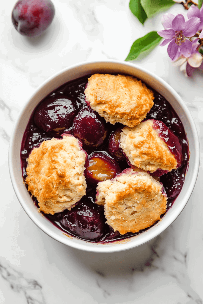 This image highlights a slow-cooked plum cobbler, topped with golden bread pieces and juicy berries, served in a white bowl for a comforting treat.