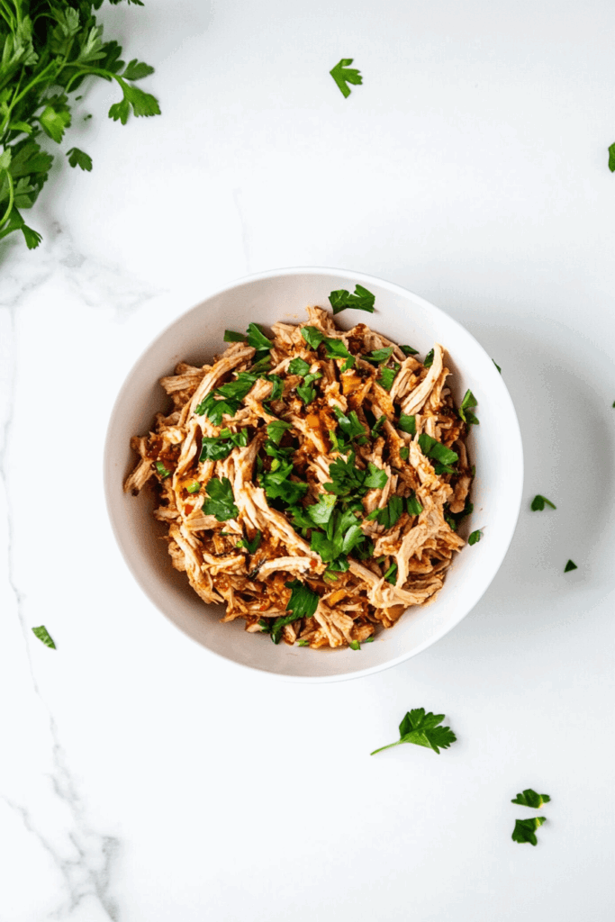 this image shows perfectly cooked slow-cooker pork tenderloin, served in a white bowl and topped with fresh parsley for an elegant finish.