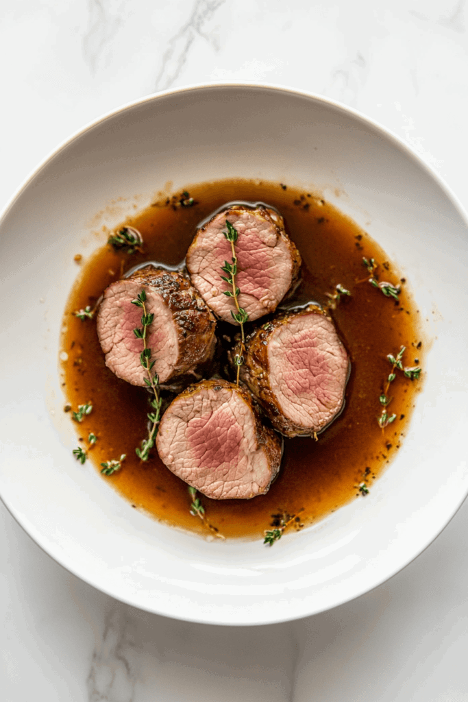 this image shows tender slow-cooker pork tenderloin, infused with soy sauce and chicken broth, served in a white bowl and garnished with fragrant thyme.