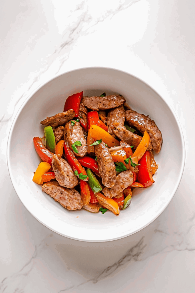 this image shows savory dish of slow-cooked sausage and peppers, enriched with vibrant sliced bell peppers and garnished with fresh cilantro, served in a white bowl.