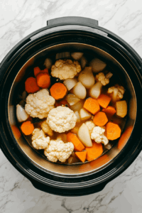 This image shows sweet potatoes and cauliflower simmering in a slow cooker, infused with curry spices and developing a rich, savory flavor as they cook.