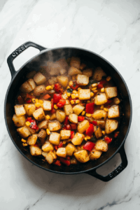 This image shows potatoes cooking until tender in a simmering mixture of corn and other vegetables, forming the hearty base for the creamy vegan corn chowder.