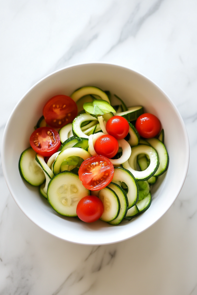 this image shows A refreshing Spiralized Zucchini Noodle Salad served in a white bowl, featuring tender zucchini spirals, juicy cherry tomatoes, and a light, zesty dressing.
