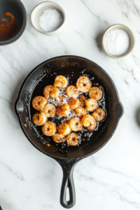 This image shows cayenne pepper and salt being sprinkled into the pan, adding a touch of heat and seasoning to enhance the creamy sauce for Garlic Honey Lime Shrimp.