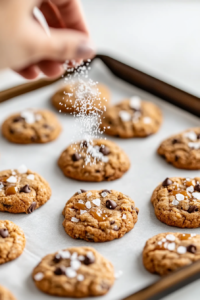 Freshly baked salted caramel cookies being sprinkled with flaky sea salt, enhancing the sweet and salty flavor combination.