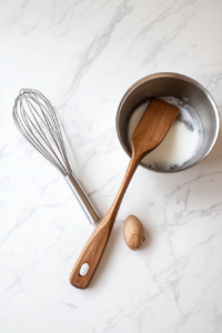This image shows the thickened vegan pastry cream being stirred with a spatula and whisk alternately to ensure a smooth and creamy texture.