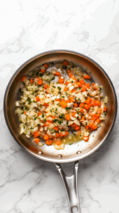this image shows White wine being stirred into the pan with sautéed vegetables, creating a flavorful and aromatic base for Vegan Pasta Primavera.