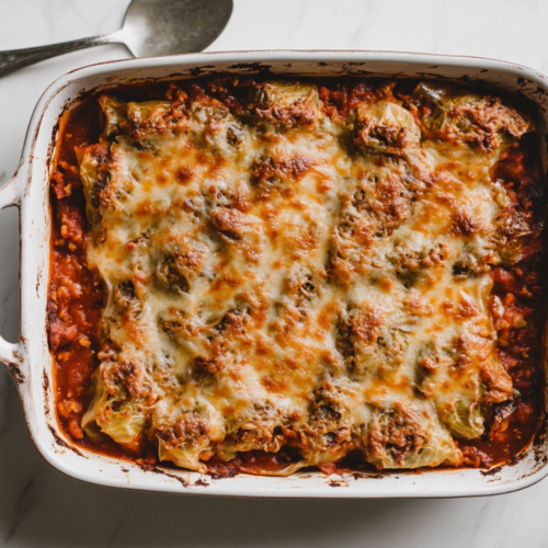 A rectangular baking dish filled with stuffed cabbage rolls, coated in marinara sauce, and topped with a melted cheese layer for a rich and savory presentation.